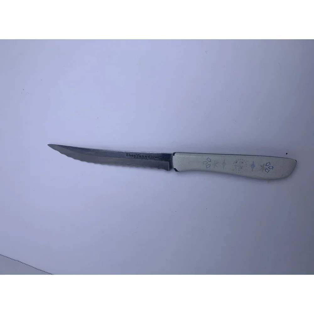 Vintage Ekco Vanadium Stainless USA Serrated‎ Steak Knife White Patterned Handle